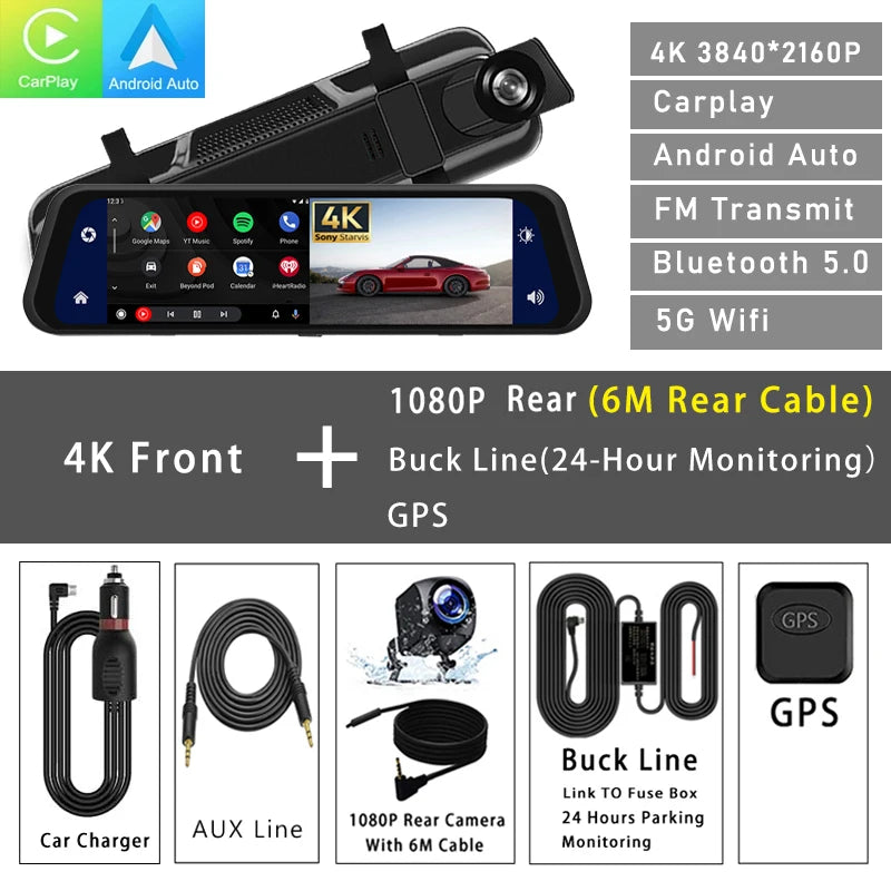 Dash Cam 4K 2160P Car Dvr Carplay Android Auto Stream RearView Mirror GPS 5G WIFI FM Radio AUX Dashcam Car Camera Drive Recorder - J&J Detailing Services  