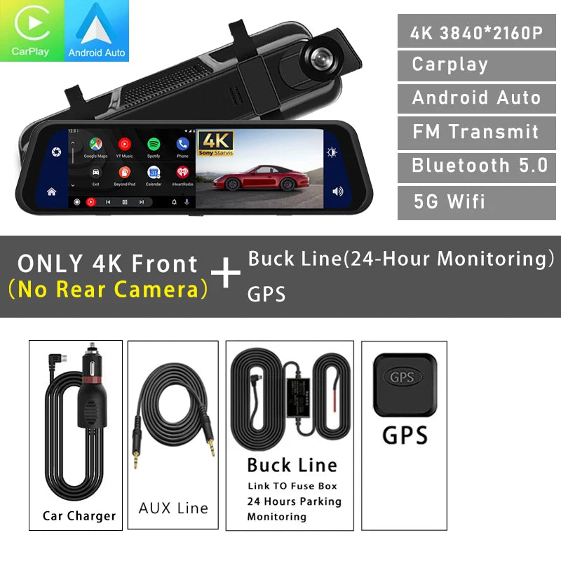 Dash Cam 4K 2160P Car Dvr Carplay Android Auto Stream RearView Mirror GPS 5G WIFI FM Radio AUX Dashcam Car Camera Drive Recorder - J&J Detailing Services  