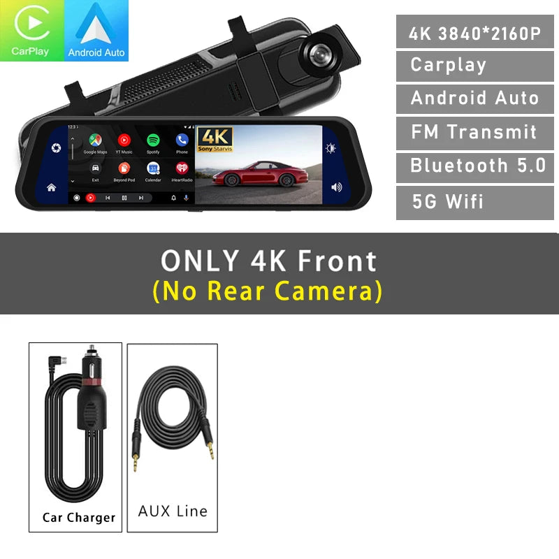 Dash Cam 4K 2160P Car Dvr Carplay Android Auto Stream RearView Mirror GPS 5G WIFI FM Radio AUX Dashcam Car Camera Drive Recorder - J&J Detailing Services  