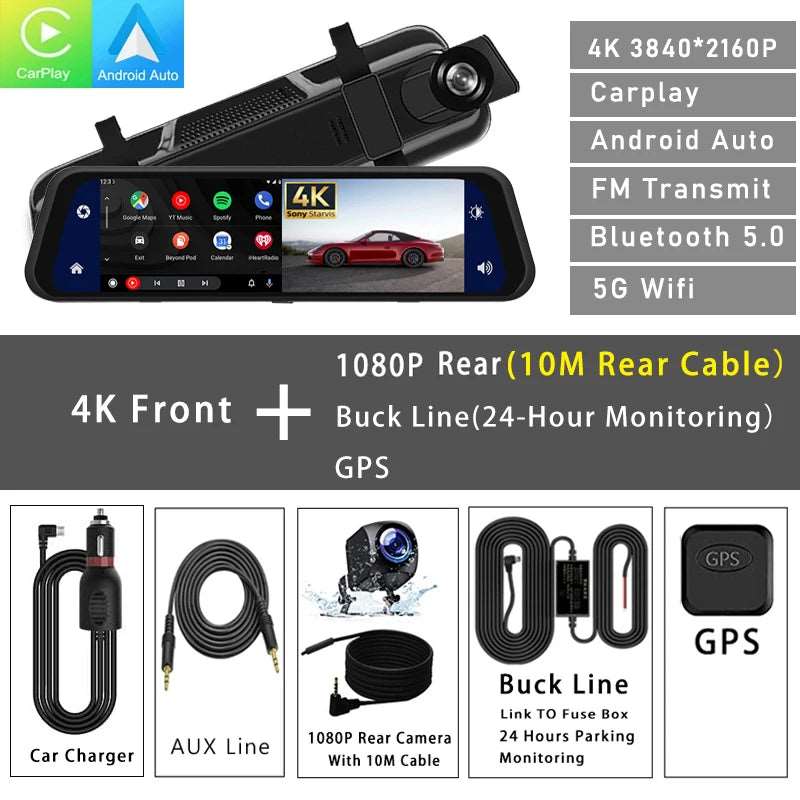 Dash Cam 4K 2160P Car Dvr Carplay Android Auto Stream RearView Mirror GPS 5G WIFI FM Radio AUX Dashcam Car Camera Drive Recorder - J&J Detailing Services  