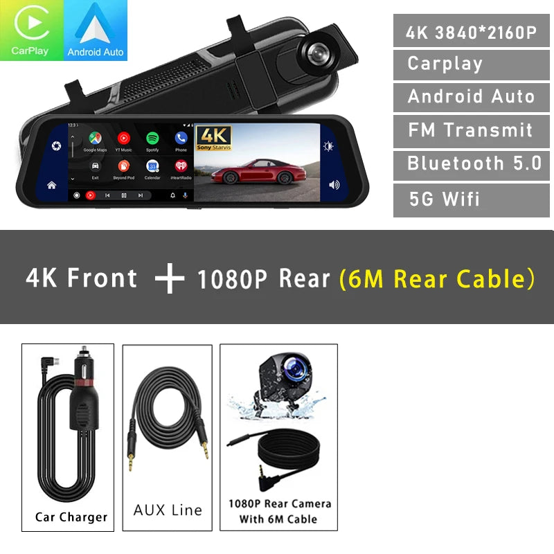 Dash Cam 4K 2160P Car Dvr Carplay Android Auto Stream RearView Mirror GPS 5G WIFI FM Radio AUX Dashcam Car Camera Drive Recorder - J&J Detailing Services  